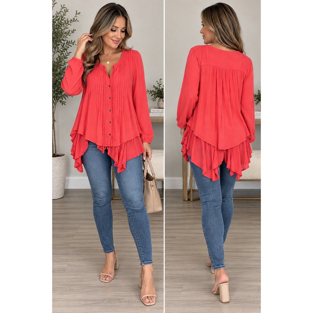 Free People Coral Red Pintuck Tiered High Low Tunic Top Long Sleeve Size Medium